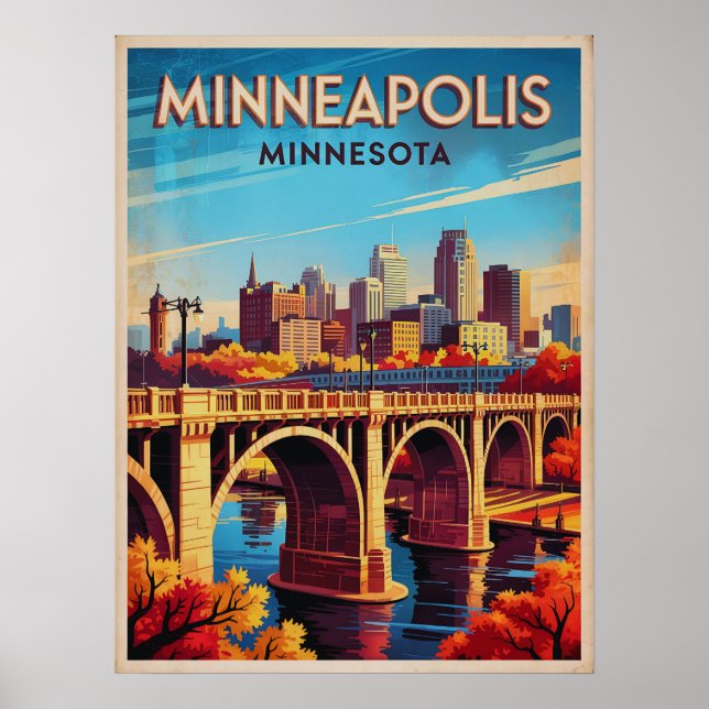 Minneapolis Minnesota Retro Skyline Art Poster (Framsidan)