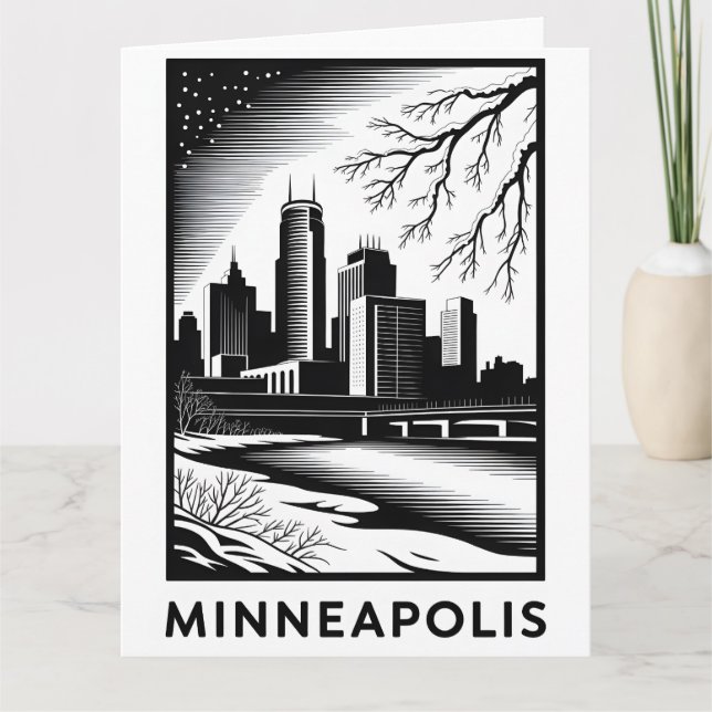 Minneapolis Minnesota Siluett Svart Vitt Träsnitt Kort (Framsida)