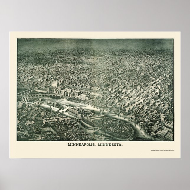 Minneapolis, MN Panoramic Karta - 1879 Poster (Framsidan)