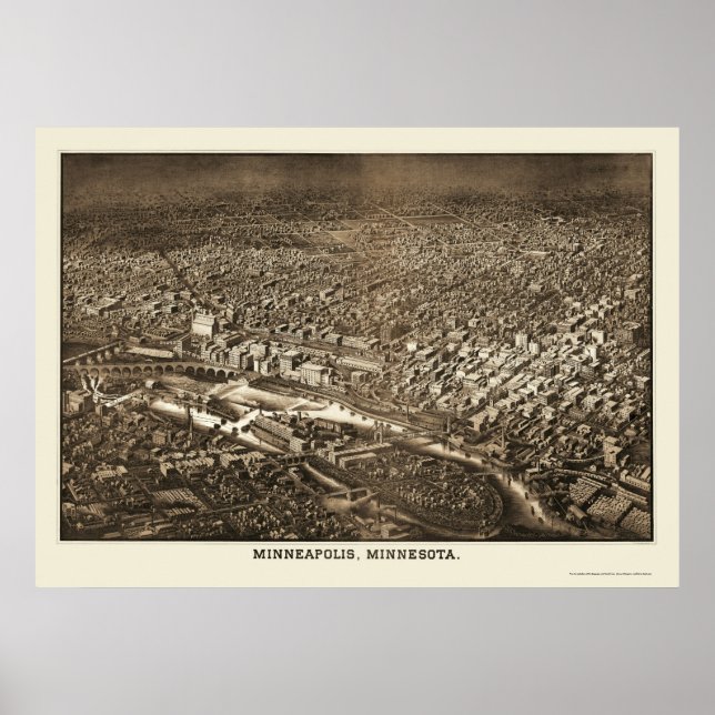 Minneapolis, MN Panoramic Karta - 1885 Poster (Framsidan)