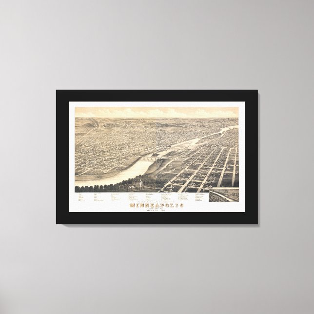 Minneapolis MN Panoramic Karta DIGITALLY REMASTERE Canvastryck (Framsida)