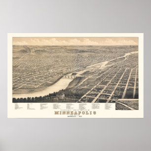 Minneapolis MN Panoramic Karta DIGITALLY REMASTERE Poster