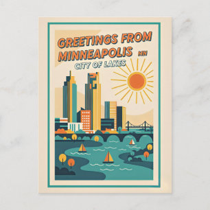 Minneapolis MN Sjöarnas Stad Retro Vykort