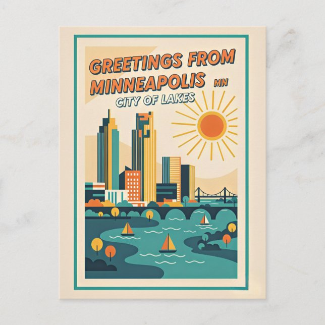 Minneapolis MN Sjöarnas Stad Retro Vykort (Framsida)