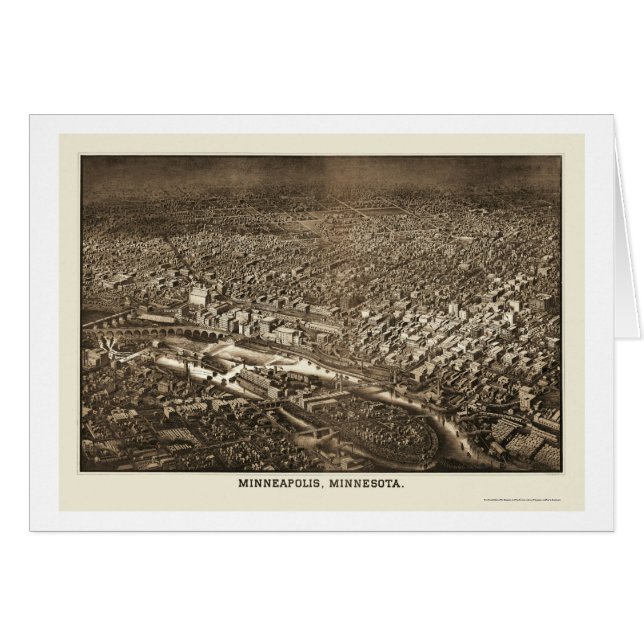 Minneapolis panorama- karta för MN - 1885 Hälsningskort (Framsidan Horizontal)