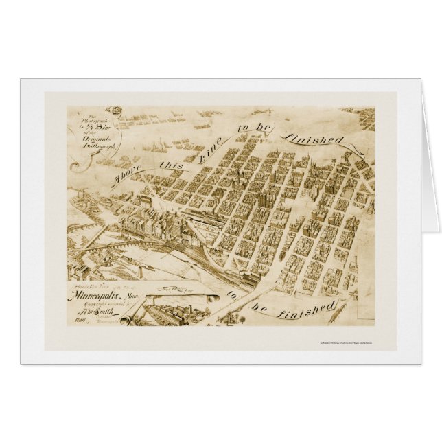Minneapolis panorama- karta för MN - 1891 Hälsningskort (Framsidan Horizontal)