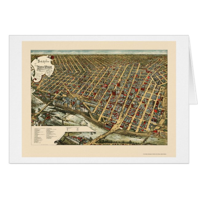 Minneapolis panorama- karta för MN - 1891 Hälsningskort (Framsidan Horizontal)