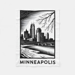 Minneapolis Siluett Svart och Vitt Träsnitt Vinter Fleecefilt