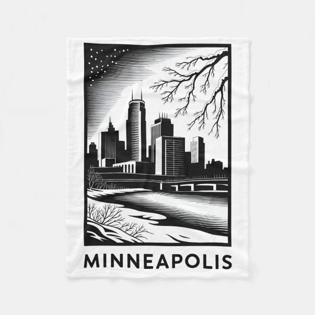 Minneapolis Siluett Svart och Vitt Träsnitt Vinter Fleecefilt (Framsidan)