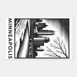 Minneapolis Skyline Black and White Woodcut Winter Rektangulärt Klistermärke