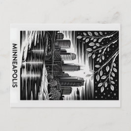 Minneapolis Skyline Black and White Woodcut Winter Vykort