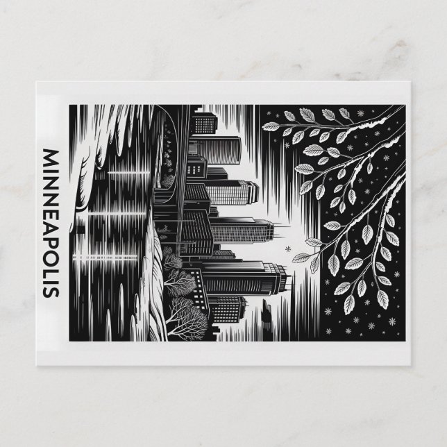 Minneapolis Skyline Black and White Woodcut Winter Vykort (Framsida)