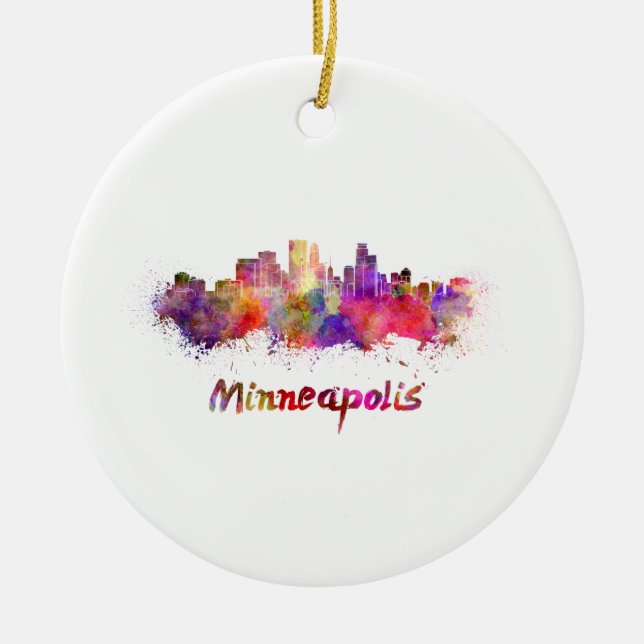 Minneapolis skyline in watercolor julgransprydnad keramik (Framsidan)