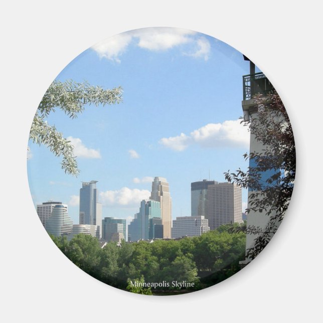 Minneapolis Skyline med Boom Island Lighthouse Magnet (Framsidan)