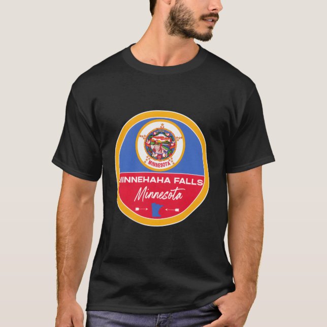 Minnehaha Falls Minnesota Mn Statlig flagga Badge T Shirt (Framsida)