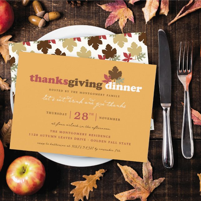 Minnen Eat Drink & Ge Löv  Thanksgiving Inbjudningar (Let's Eat, Drink & Give Thanks Leaves Thanksgiving Dinner Party Invitation @ fat_fa_tin)