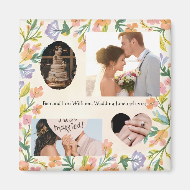 Minnesankare Fyra Foto Text Bröllopsblomma Magnet (Framsidan)