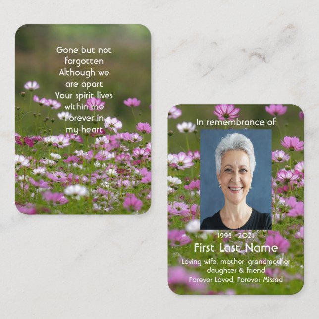 Minnesbild Bönegudinna Vacker Vild Kosmosblomma Visitkort (Fram/baksida)