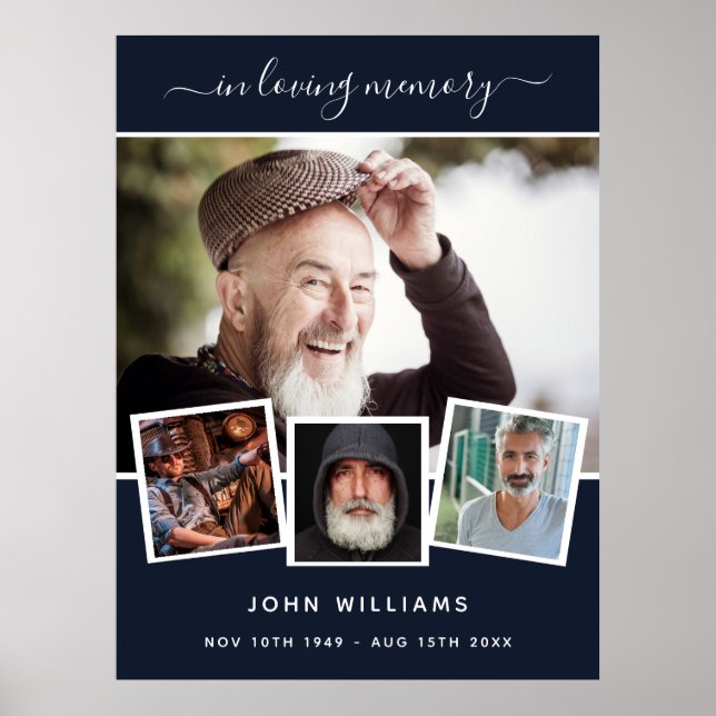 Minnesblå fotokollage välkomstbegravning poster (Framsidan)