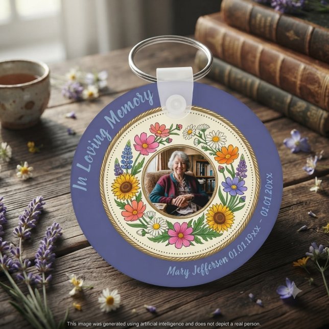 Minnesblomma Vinca Nyckelring (Colorful floral photo keychain for a grieving family at a cottagecore celebration of life service.)