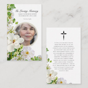 Minnesbönkort med vita blommor visitkort