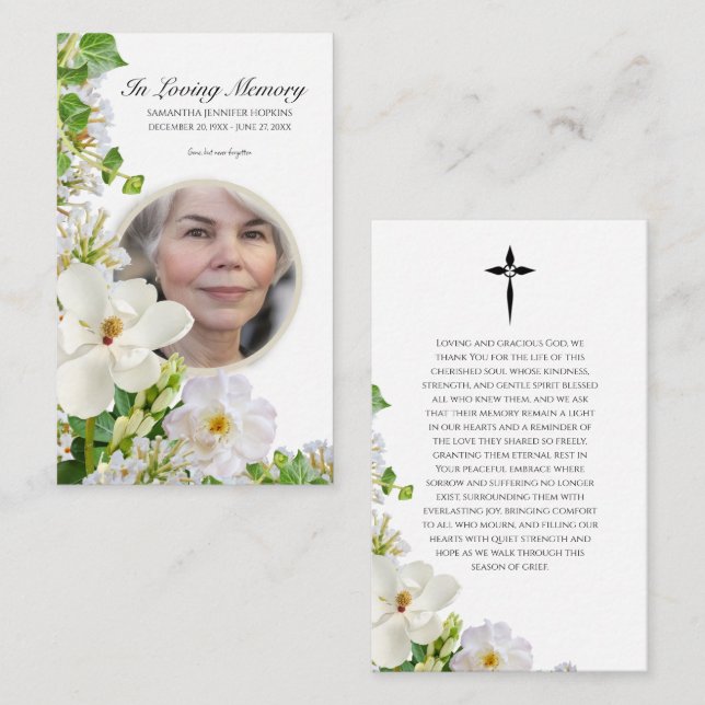 Minnesbönkort med vita blommor visitkort (Fram/baksida)