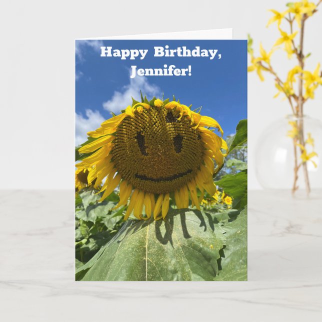 Minnesdag för leende solrosfoto-Anpassningsbar Kort (Gul blomma)