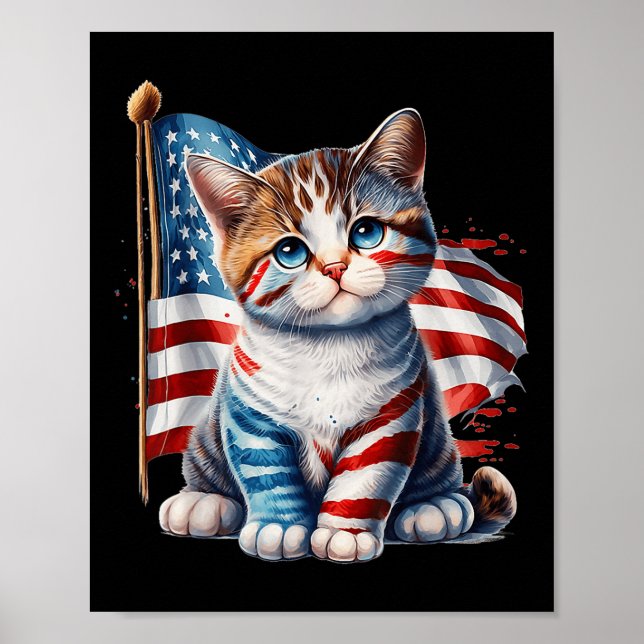 Minnesdag Katt 4:e Juli USA Flagga Män Kvinnor  Poster (Framsidan)