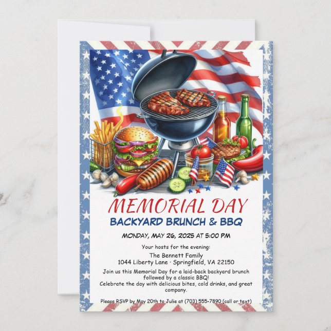 Minnesdagen Grillfest | Patriotisk Bakgårdsgrill Inbjudningar (Framsida)