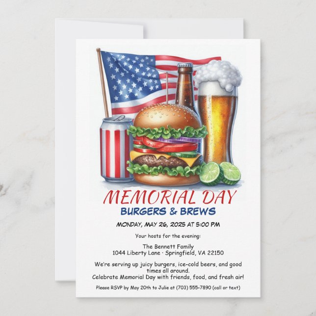 Minnesdagen Hamburgare & Öl | Bakgårds BBQ-fest Inbjudningar (Framsida)