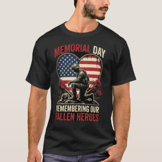 Minnesdags soldat knäböjande hjärta flagg minne t shirt