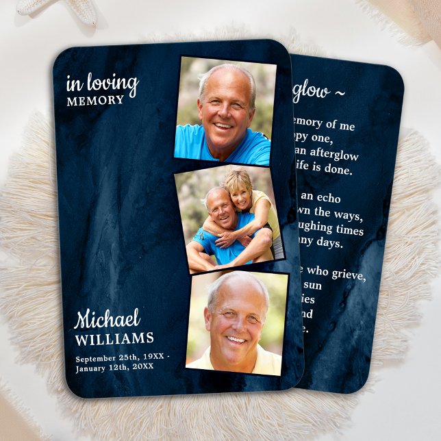 Minnesfärgad 3-foto-begravningskort blå marbel visitkort (Skapare uppladdad)
