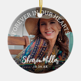 Minnesfoto "för alltid i våra hjärtan" julgransprydnad keramik