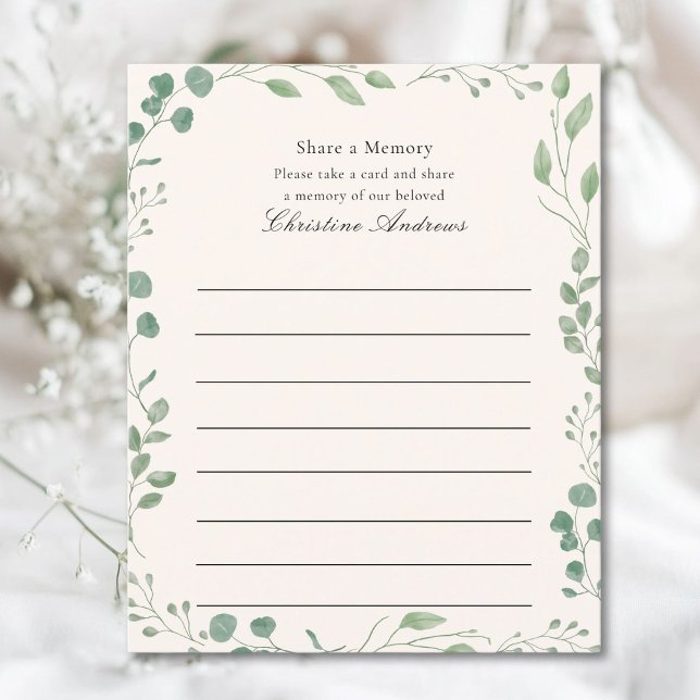  minnesfunktionalitet (Share a Memory!  Minimal, elegant, funeral service attendance beige card, eucalyptus design.)