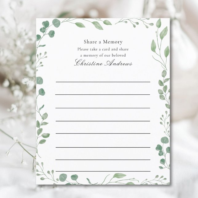  minnesfunktionalitet (Share a Memory!  Minimal, elegant, funeral service attendance white card, eucalyptus design.)