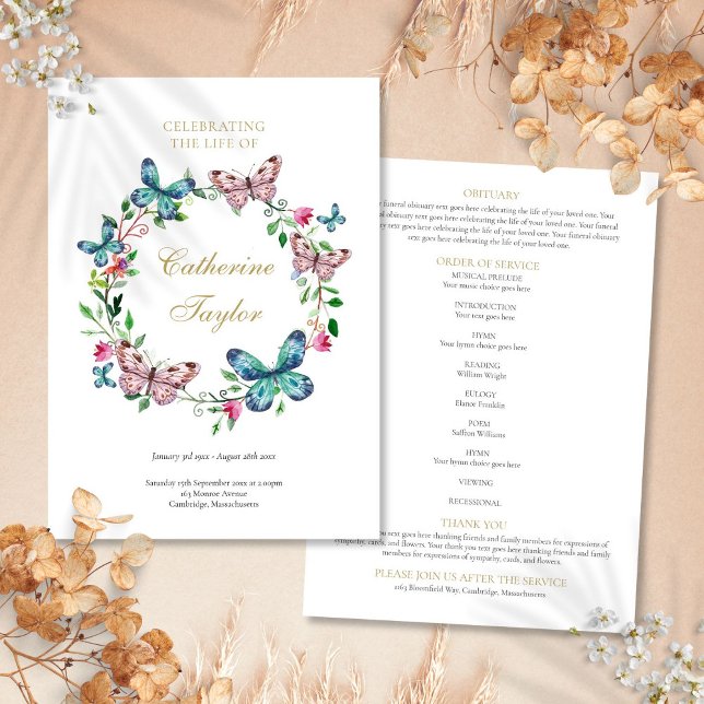 Minnesgudstjänst för fjärilar Begravningsprogram Program (Butterflies Memorial Funeral Order Of Service Program)