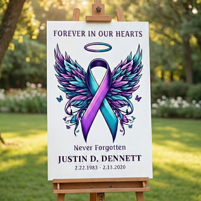 Minnesgudstjänst för förebyggande av självmord väl poster (Suicide Prevention awareness teal purple ribbon and  angel wings)