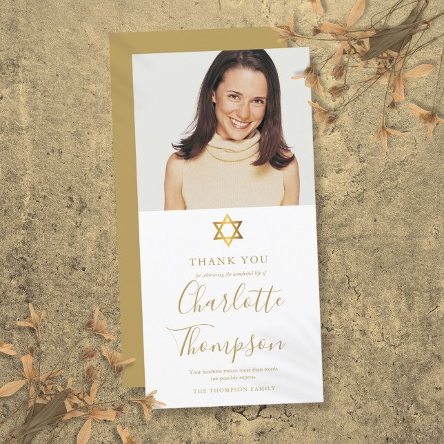 Minnesgudstjänst Guld Judisk David-stjärna Foto Tack Kort (Memorial Funeral Gold Jewish Star of David Photo Thank You Card)
