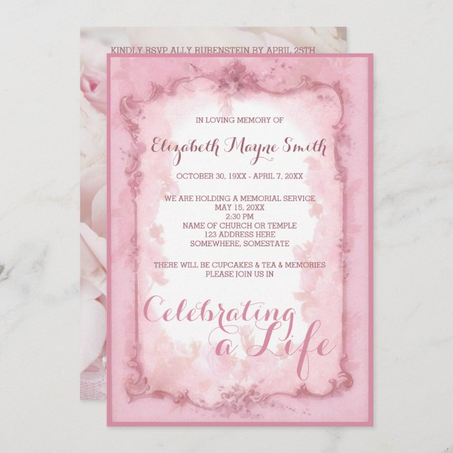 Minnesgudstjänst som firar rosa ros för ett liv inbjudningar (Fram/baksida)