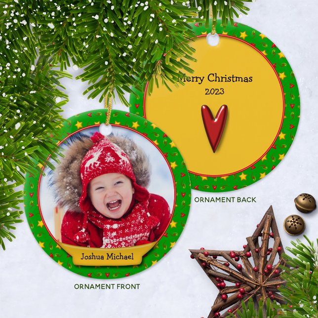 Minneshögtider - Hjärter och stjärnor Julgransprydnad Keramik (Whimsical Ceramic Photo Keepsake Ornament with Year )