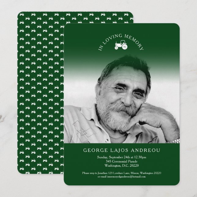 Minnesinbjudningar för grönt av fototraktor inbjudningar (Fram/baksida)