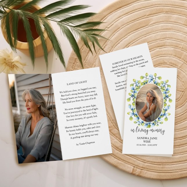 Minneskort för begravning med foto och bön kort (Memorial Sympathy Prayer Card Keepsake by Darling & May)
