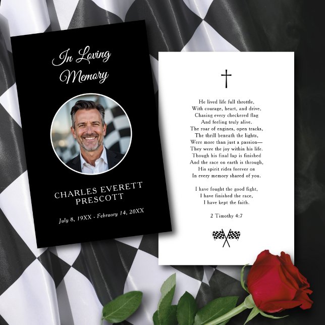 Minneskort för racing med rutig flagga visitkort (Crossed checkered flags racing tribute design. Editable poem and scripture included.)