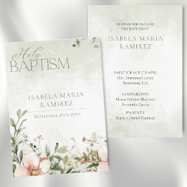 Minneskort för rosa blommor baptism grönt visitkort