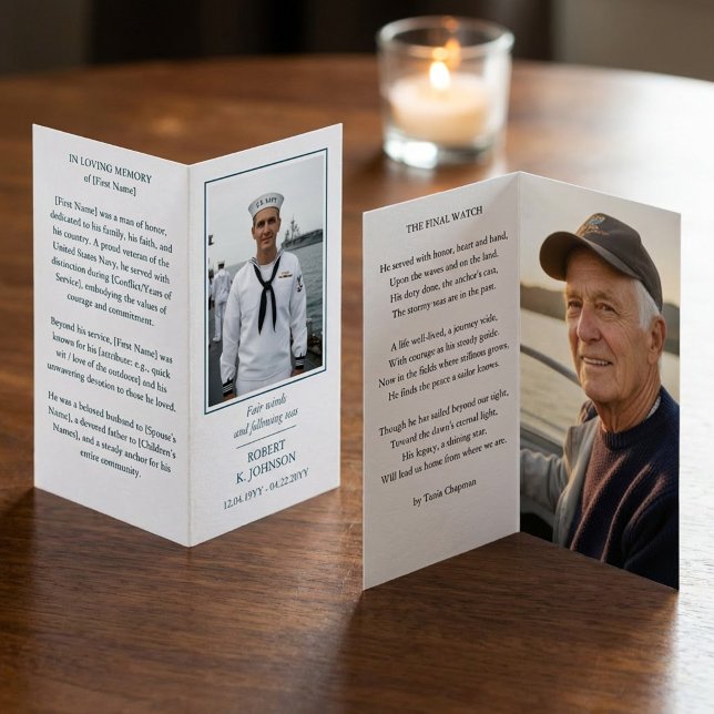 Minneskort för sjömannen Foto Dikt Bönkort Kort (Folded prayer card with 2 photos, mini eulogy and poem (all wording editable))