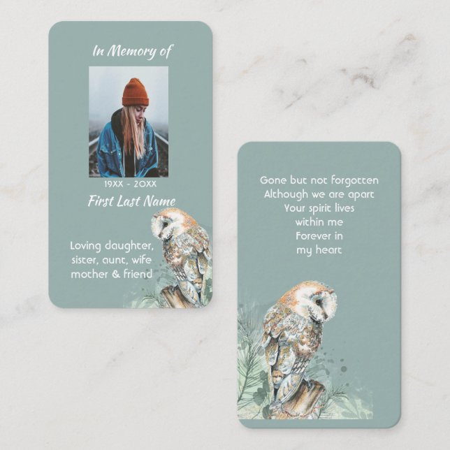 Minneskort - vattenfärg Barn Uggla Bird Visitkort (Fram/baksida)