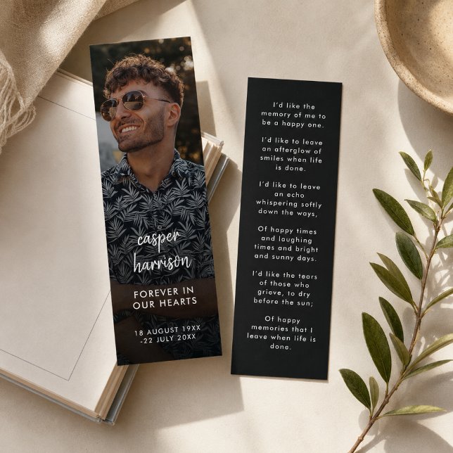 Minnesmärke Mini Bokmärke | Bön Dikt Minnesskort Visitkort (Personalized memorial bookmark card with photo, poem, and prayer wording for funeral favors.)