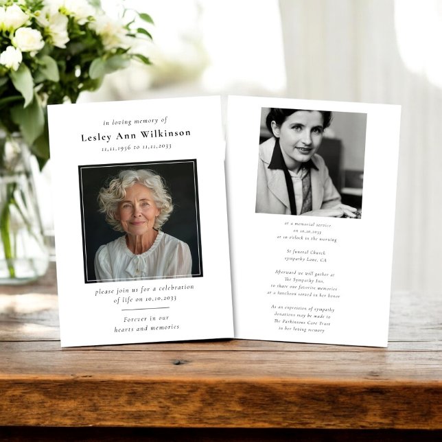 Minnesmedkänsla Firande i Life Inbjudningar (modern simple minimalistic funeral memorial invitation with two photos for a treasured keepsake)