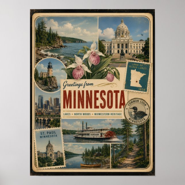 Minnesota Äkta Vintage Stil Poster (Framsidan)