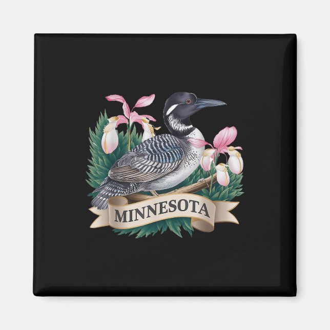 Minnesota Common Loon Bird and Ladys Tofflor Flow Magnet (Framsidan)